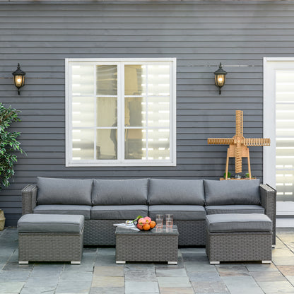 Outsunny 5 PCs PE Rattan Wicker Corner Sofa Set Bonzer Outdoor Conservatory Furniture Lawn Patio Tea Table Footstool w/ Cushion - Grey 