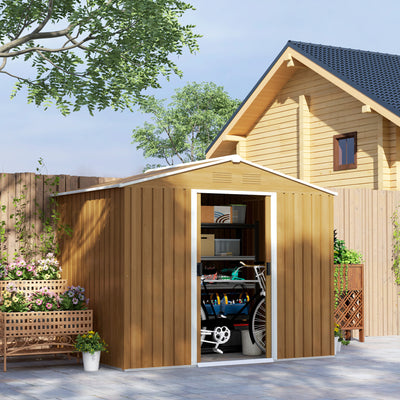 Outsunny 8 x 6ft Outdoor Garden Storage Shed, Metal Tool House with Ventilation and Sliding Doors Chocolate Wood Effect 