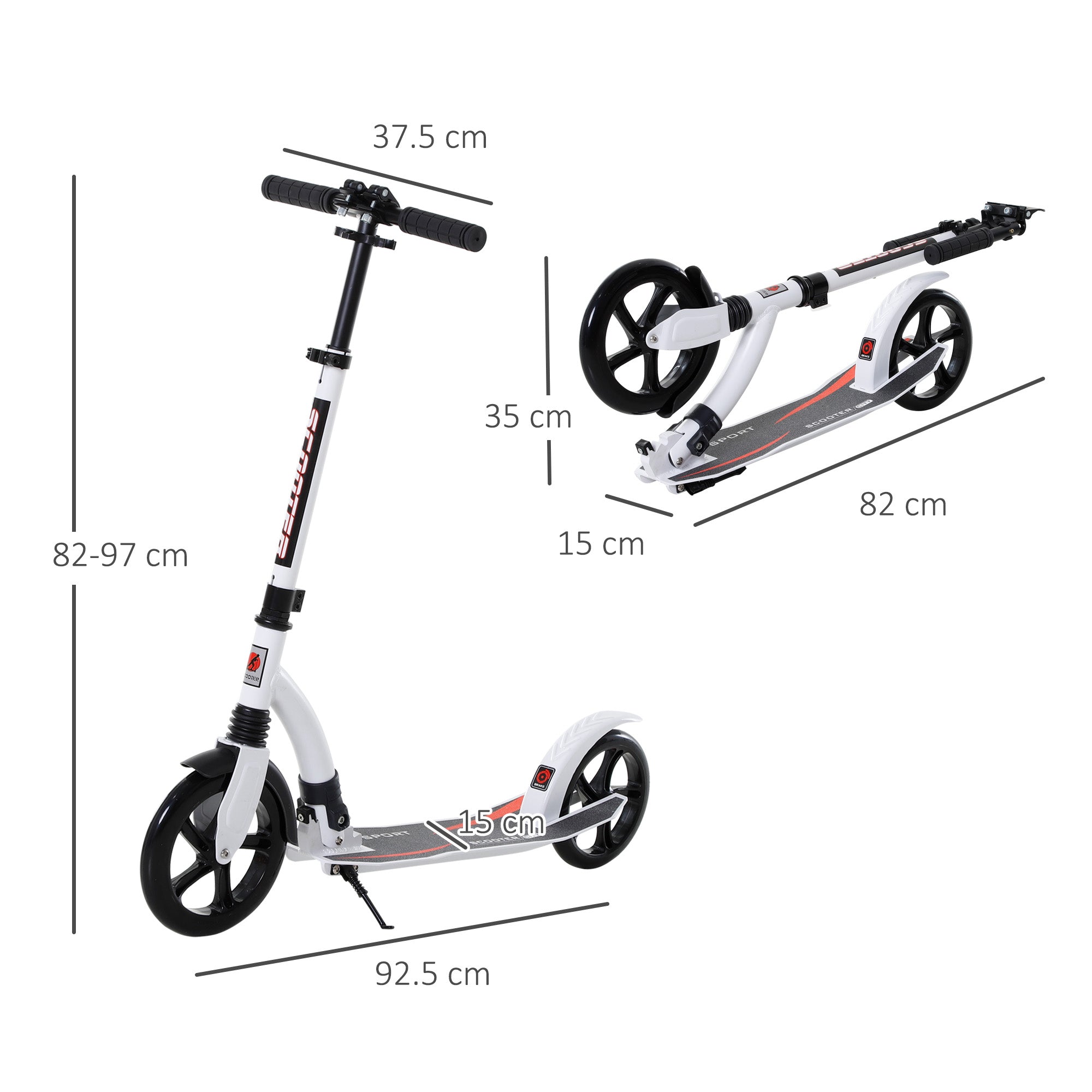 HOMCOM Foldable Kick Scooter with Double Shock Absorption and Big Wheels, Height Adjustable Aluminium Frame Big Wheel Scooter for 14+ Teens Adult - White 