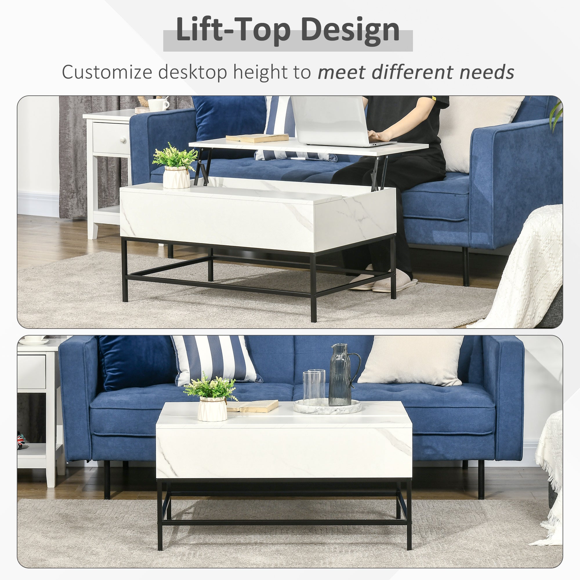HOMCOM Modern Lifting Coffee Table with Hidden Compartment, Storage Coffee Table for Living Room, Faux Marble White 