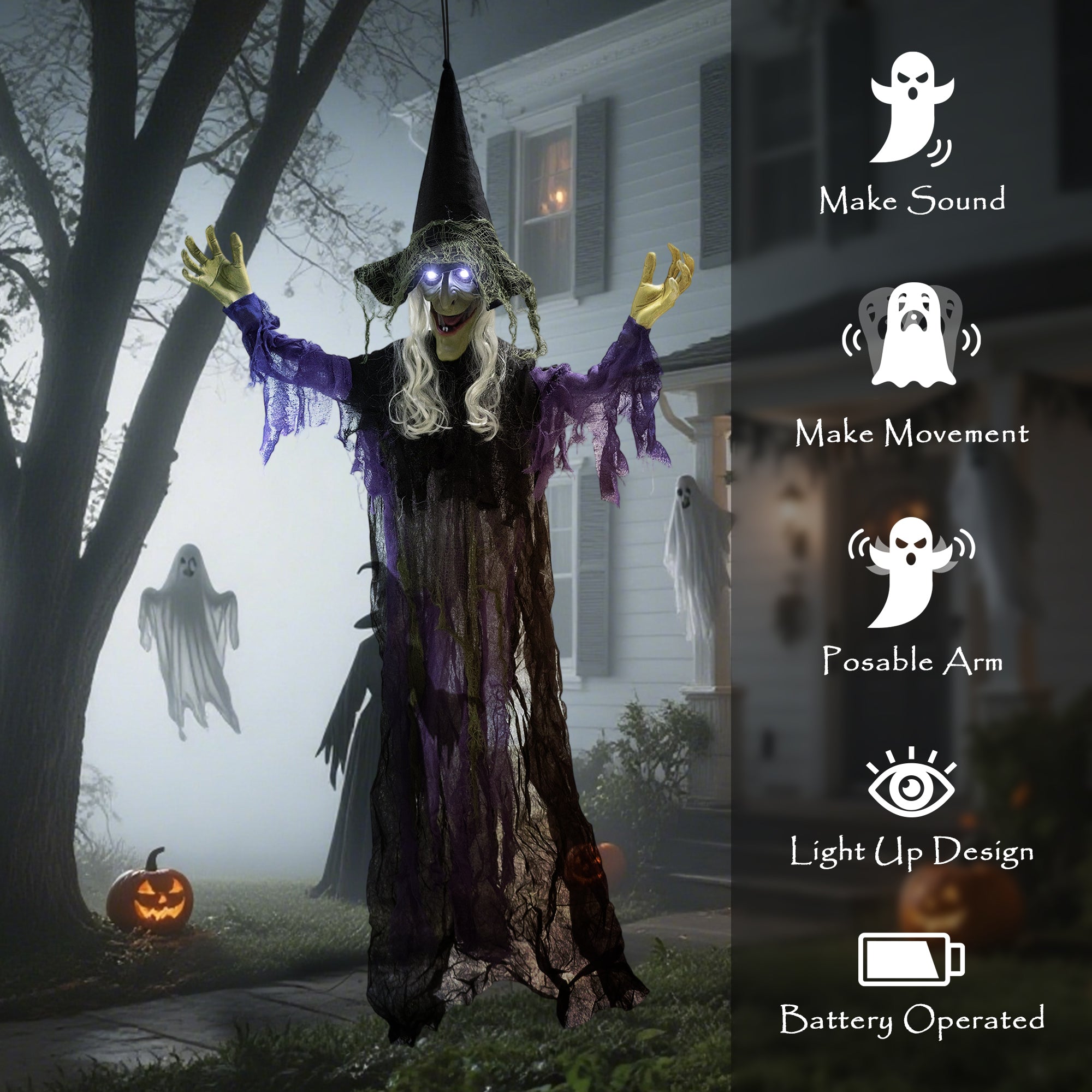 Outsunny 183 cm Life Size Halloween Animated Hanging Witch with Glowing LED Eyes, Spooky Witch Scary Halloween Decorations, Battery Operated, Indoor Party Props