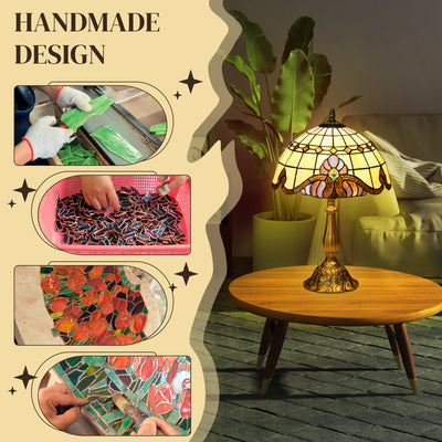 HOMCOM Stained Glass Table Lamp, Handmade Antique Bedside Lamp, Decorative Night Light for Bedroom, Living room, Home, Nightstand 