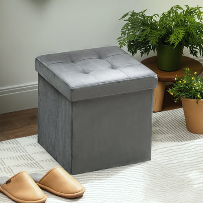 HOMCOM Foldable Velvet-Feel Storage Ottoman - Grey 