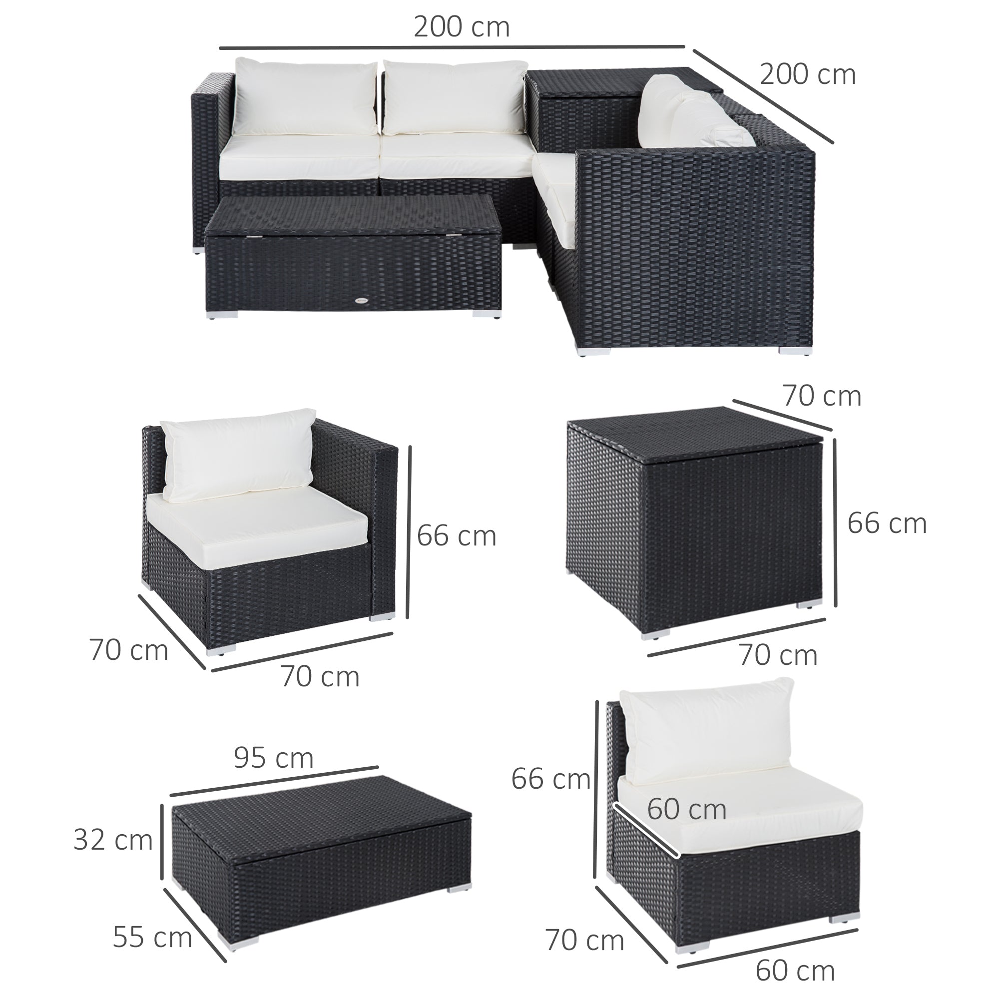 Outsunny 6 Pieces Rattan Garden Furniture Set, 4 Seater Wicker Garden Corner Sofa Set with 2 Storage Tables and Loveseats, Outdoor Conversation Furniture with Cushions for Conservatory, Patio, Black 