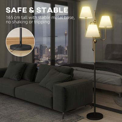 HOMCOM Floor Lamp, 165 cm Tall Standing Lamp with 3 Light and Foot Switch for Living Room, Bedroom, Bedside, Office, E27 Base Without Bulb (40W Max) 