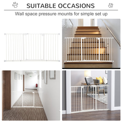 PawHut Dog Gate Stair Gate Pressure Fit Pets Barrier Auto Close for Doorway Hallway, 74-148cm Wide Adjustable, White 