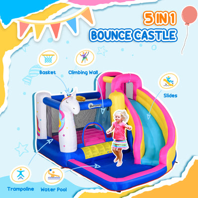 Outsunny 5 in 1 Bouncy Castle, with Blower, for Ages 3-8 Years - Multicoloured 