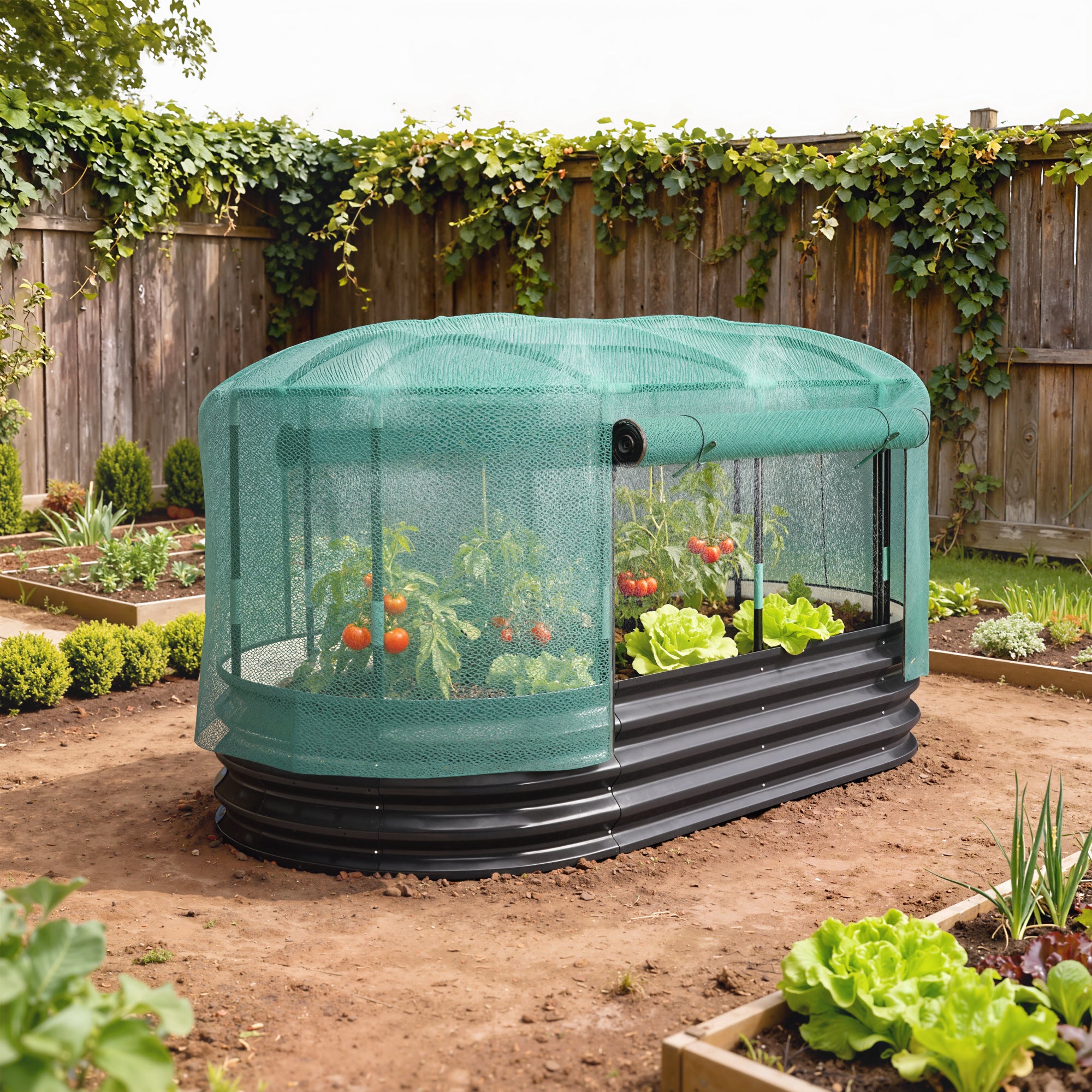 Outsunny Galvanised Raised Garden Bed Kit with Self Watering System and Mesh Cover, Garden Boxes, 6x3Ft, Dark Grey and Green 