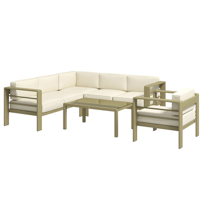 Outsunny 5-Piece Garden Sofa Set with Cushions, Aluminium Garden Furniture Sets with Glass Top Coffee Table, Patio Sectional Furniture Set, for Patio & Deck, Gold Tone 