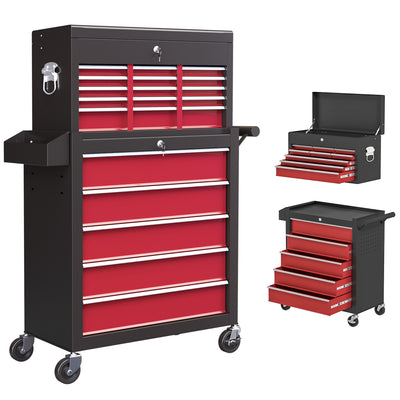 HOMCOM 19 Drawer, Two-Part Tool Storage Chest on Wheels - Red 