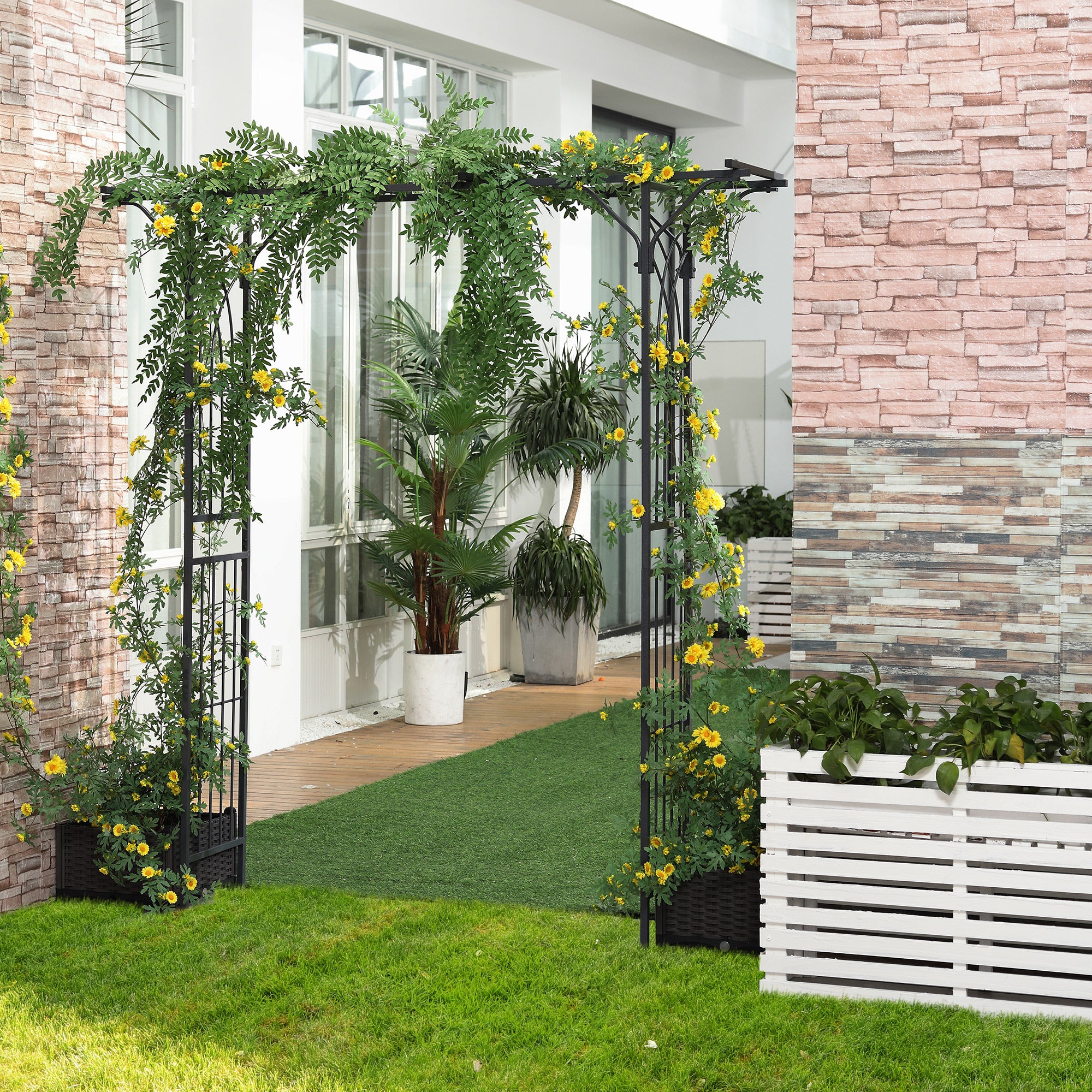 Outsunny 210cm Decorative Metal Garden Trellis Arch with Durable Steel Tubing & Elegant Scrollwork, Great for Weddings, Dark Gre 
