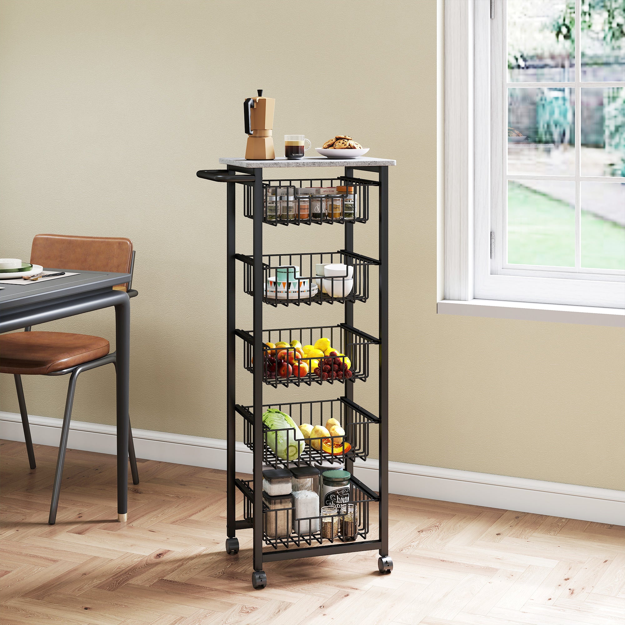 HOMCOM Five Basket Mobile Kitchen Island, with Brakes - Grey/Black 