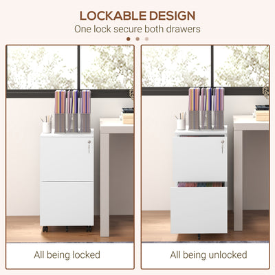 Vinsetto 2-Drawer Vertical Filing Cabinet with Lock and 5 Wheels, Steel Mobile File Cabinet, for A4, Legal and Letter Size, Pre-Assembled Body, White 