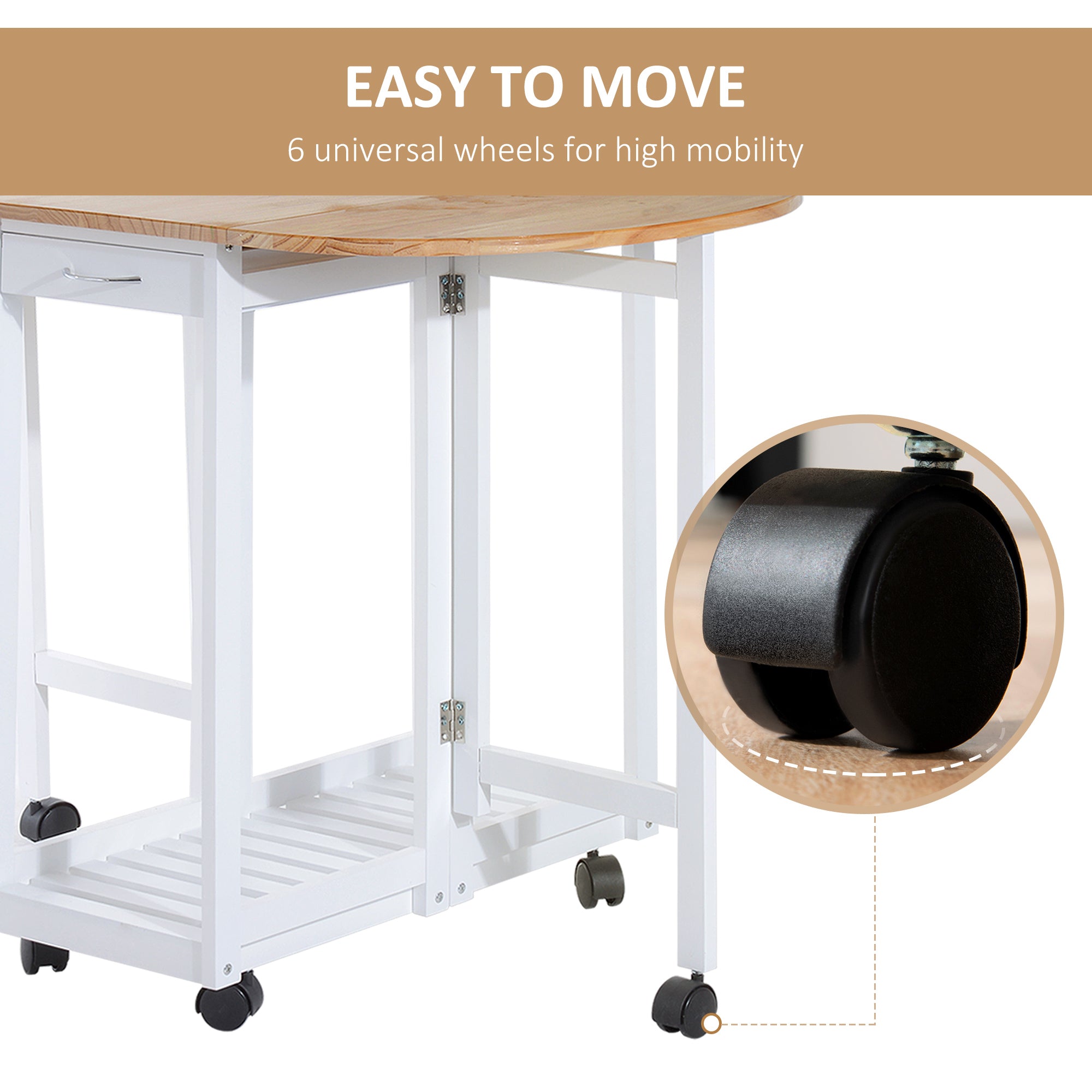 HOMCOM 3PC Wooden Kitchen Cart Mobile Rolling Trolley Folding Bar Table Two Stools Dining Chair Storage Shelf w/2 Drawers & 6 Wheels 