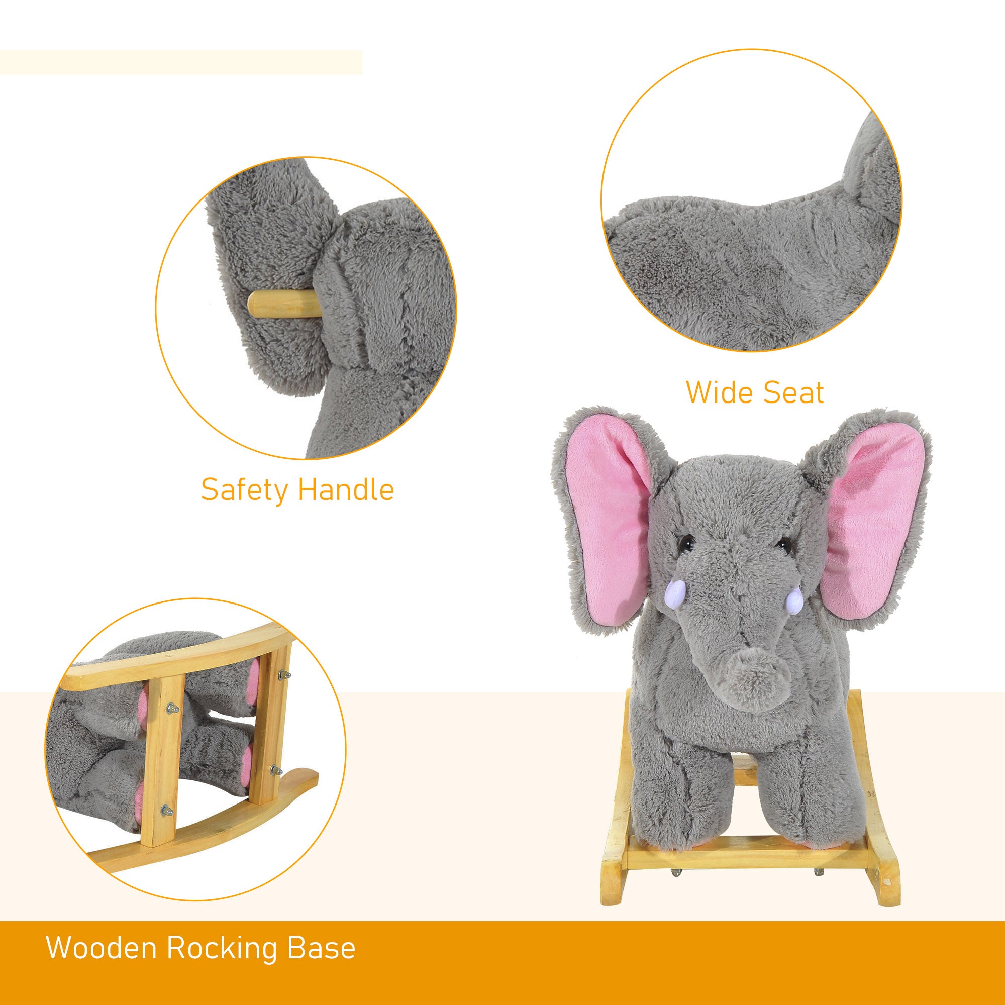 HOMCOM Kids Children Rocking Horse Plush Ride on Animal Wooden Riding Traditional Rocker Gift w/32 nursery rhymes (Grey Elephant) 