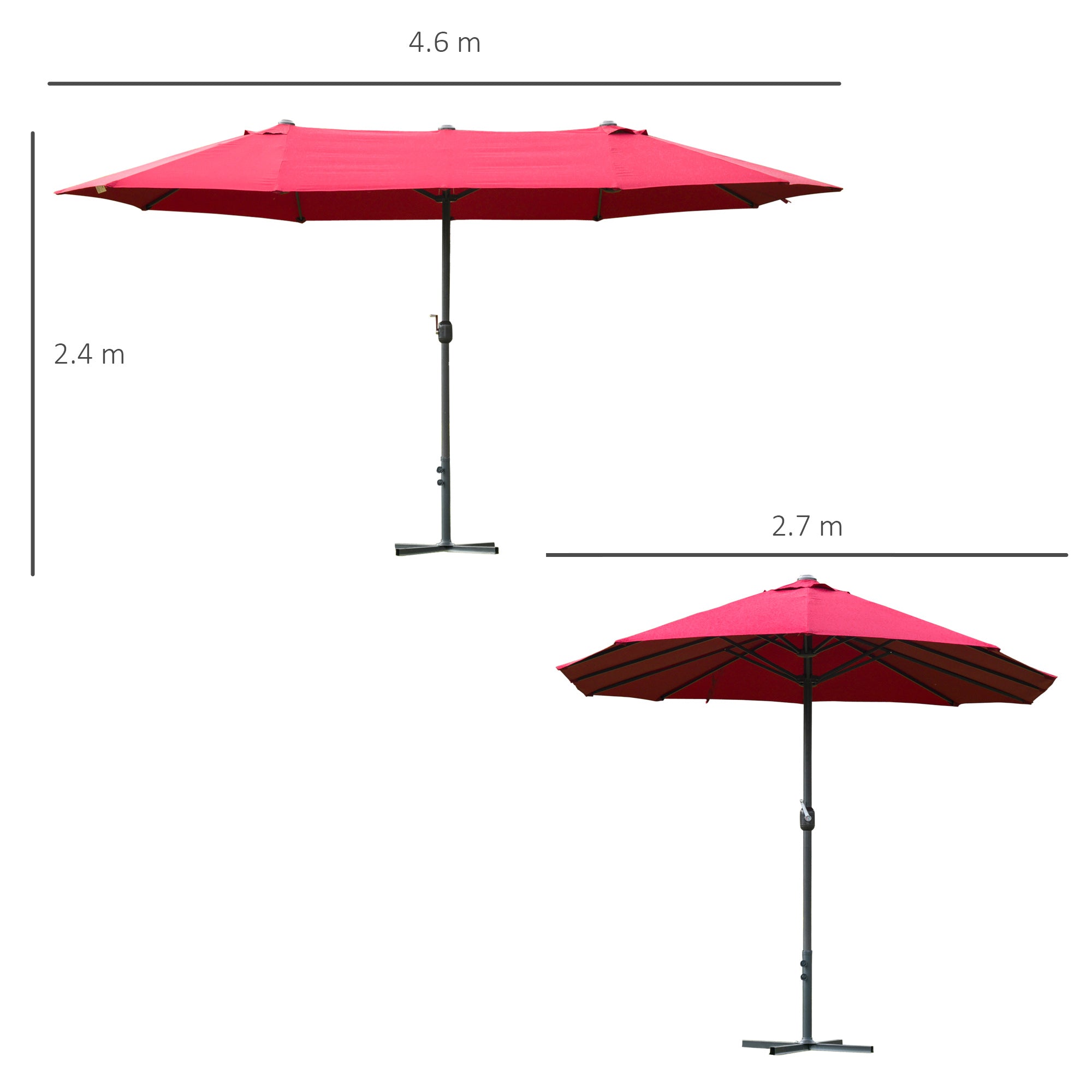 Outsunny 4.6M Sun Umbrella Canopy Double-sided Crank Sun Shade w/ Cross Base Wine Red 