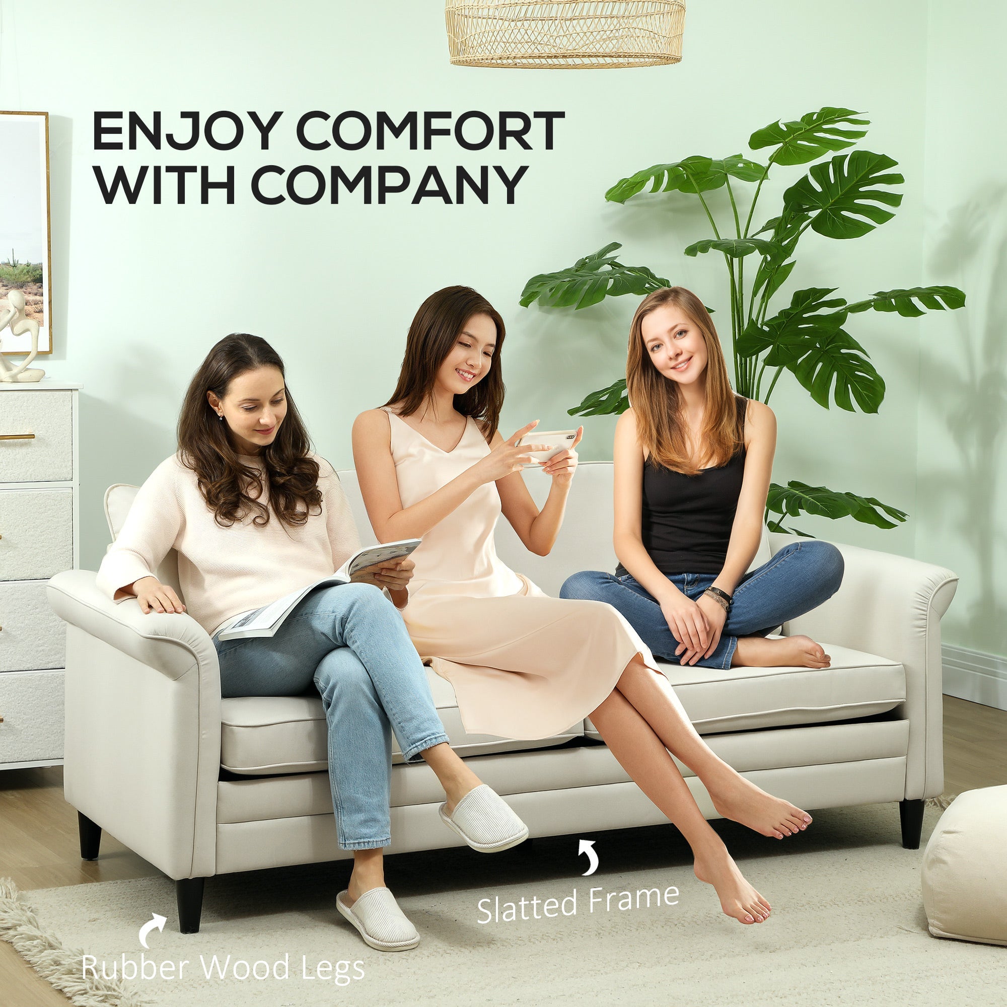 HOMCOM 3 Seater Sofa, Modern Fabric Sofa Couch with Spring Cushion, Rubber Wood Legs, 191cm Upholstered Settee for Living Room, Bedroom, Home Office, Guest Room, Cream White 