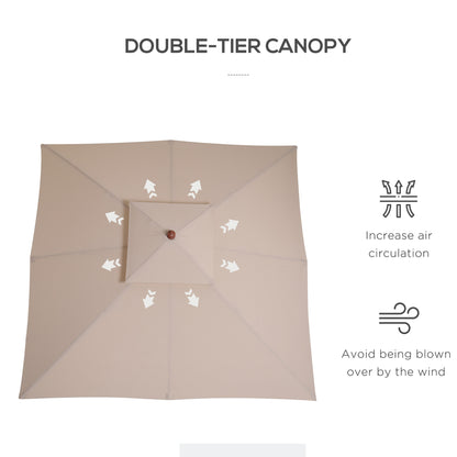 Outsunny 3 x 3 metre Patio Parasol Garden Umbrellas Sunshade Outdoor Wooden Parasol Canopy Double Tier, Beige, BASE NOT INCLUDED 