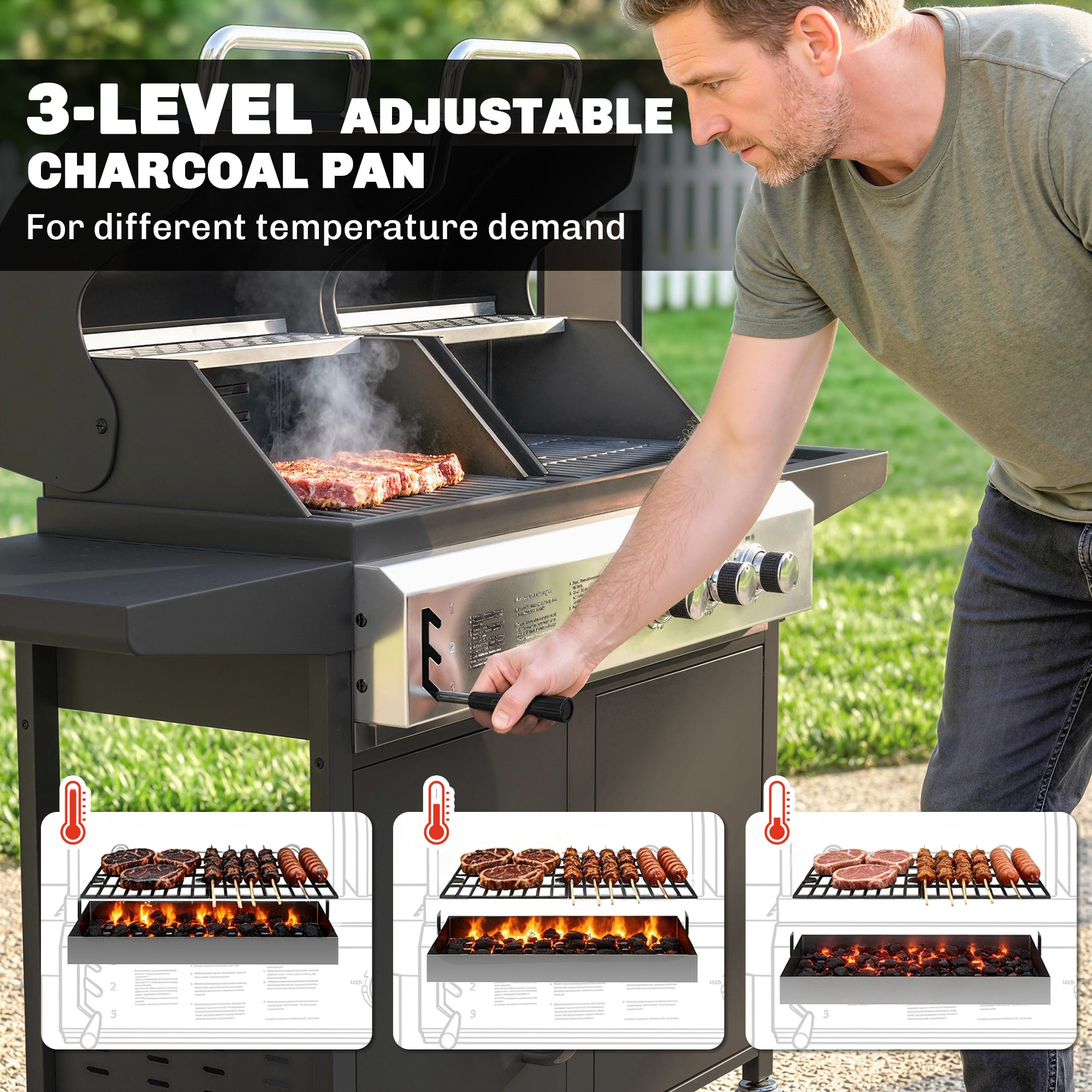 Outsunny 2+1 Burner Hybrid Dual Fuel BBQ Gas Grill, 2-in-1 Propane & Charcoal Barbecue Grill Smoker Combo with Wheels, Black 