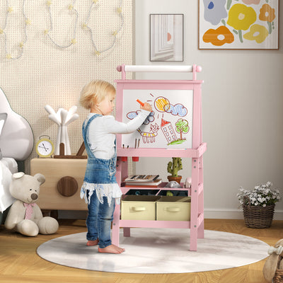 AIYAPLAY 3 in 1 Kids Easel Double-Sided Magnetic Whiteboard and Chalkboard with Paper Roll, Storage Baskets - Pink 