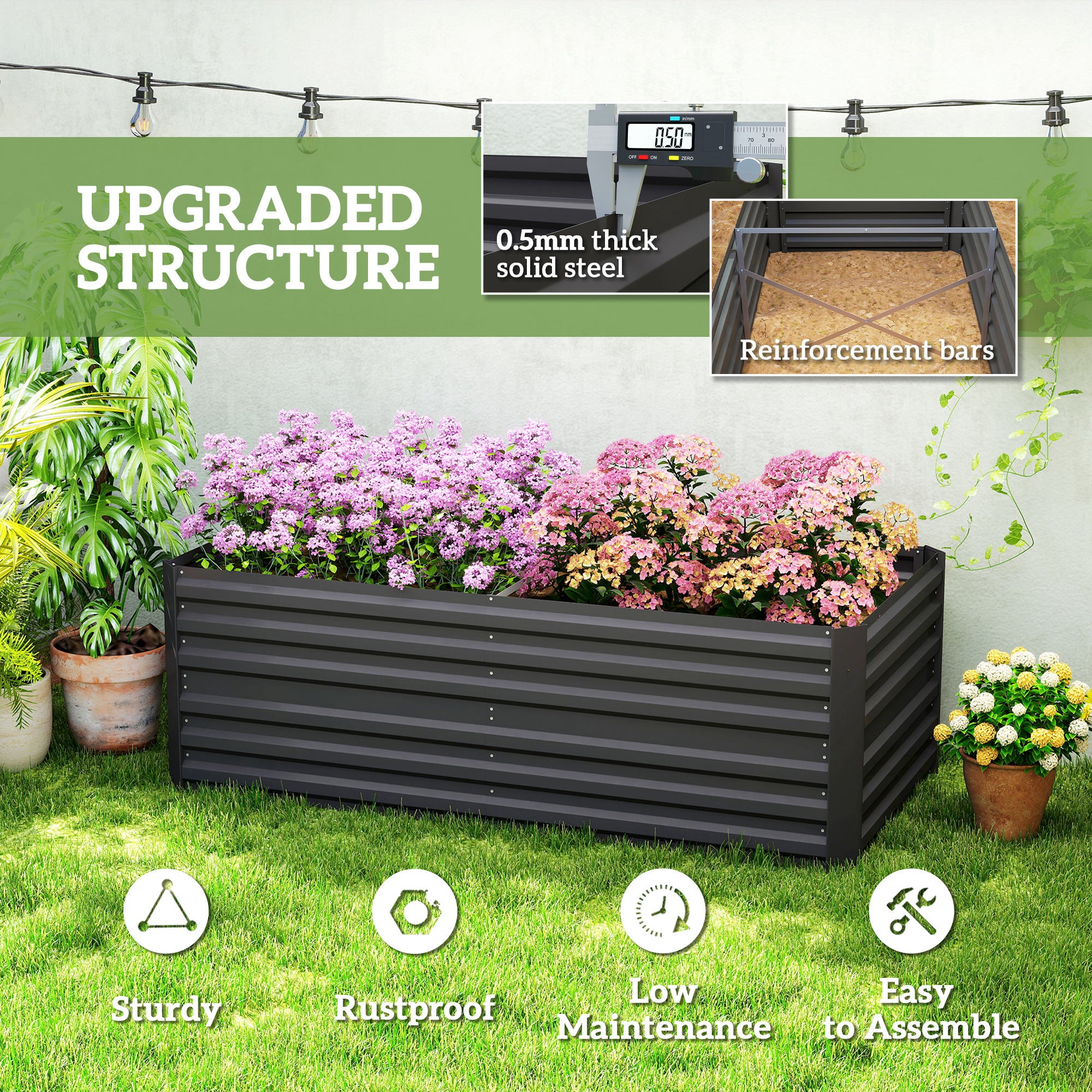 Outsunny Raised Beds for Garden, Galvanised Steel Outdoor Planters with Multi-reinforced Rods, 180 x 90 x 59 cm, Black 
