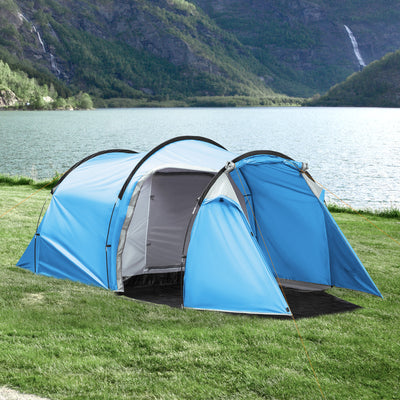 Outsunny 2-3 Man Tunnel Tent with Vestibule, Weather-Resistant Camping Tent with Air Vents for Fishing Hiking, Light Blue & Grey 