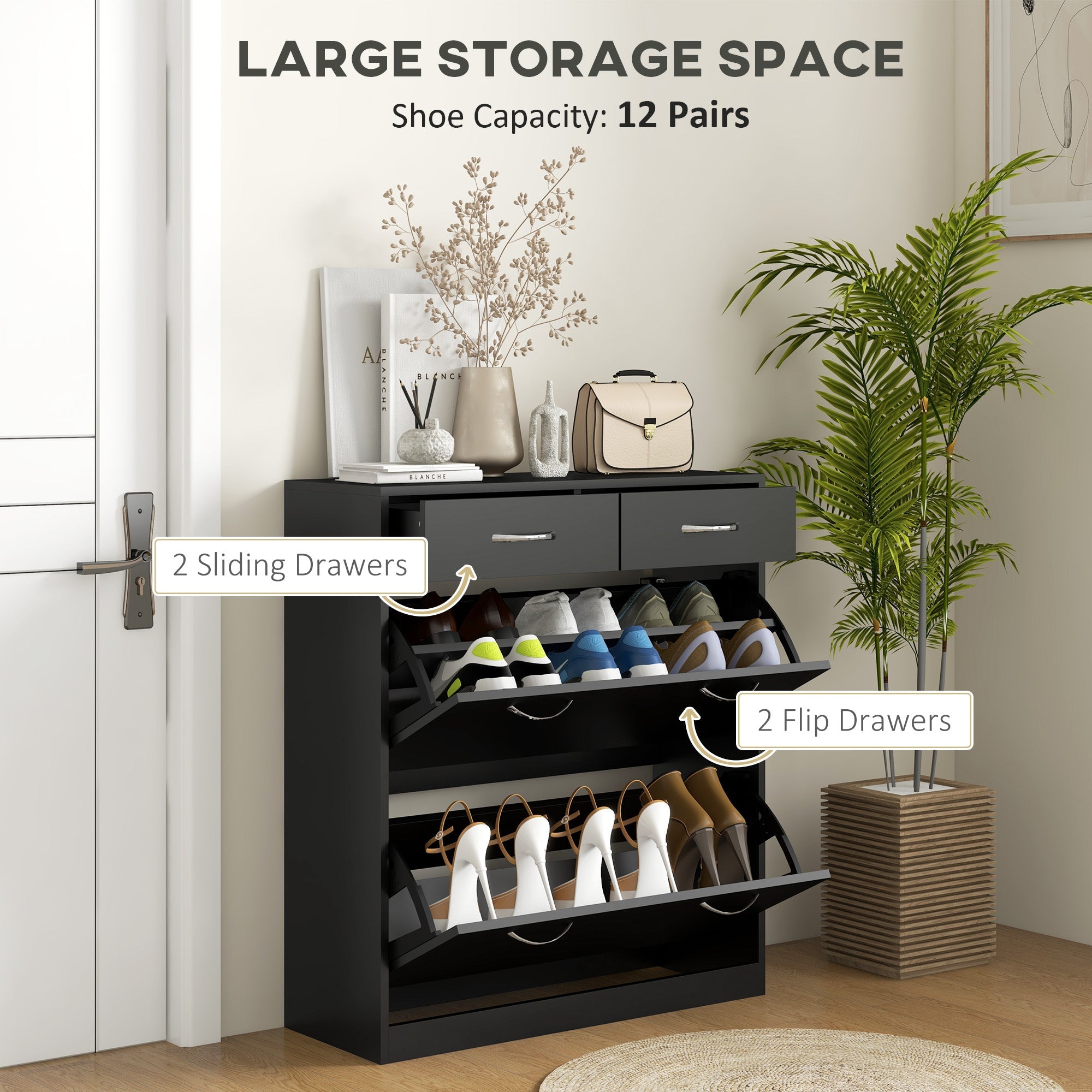 HOMCOM Narrow Shoe Storage with 2 Flip Drawers and Adjustable Shelves Shoe Cabinet Organizer for 12 Pairs of Shoes, Black 