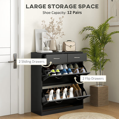 HOMCOM Narrow Shoe Storage with 2 Flip Drawers and Adjustable Shelves Shoe Cabinet Organizer for 12 Pairs of Shoes, Black 
