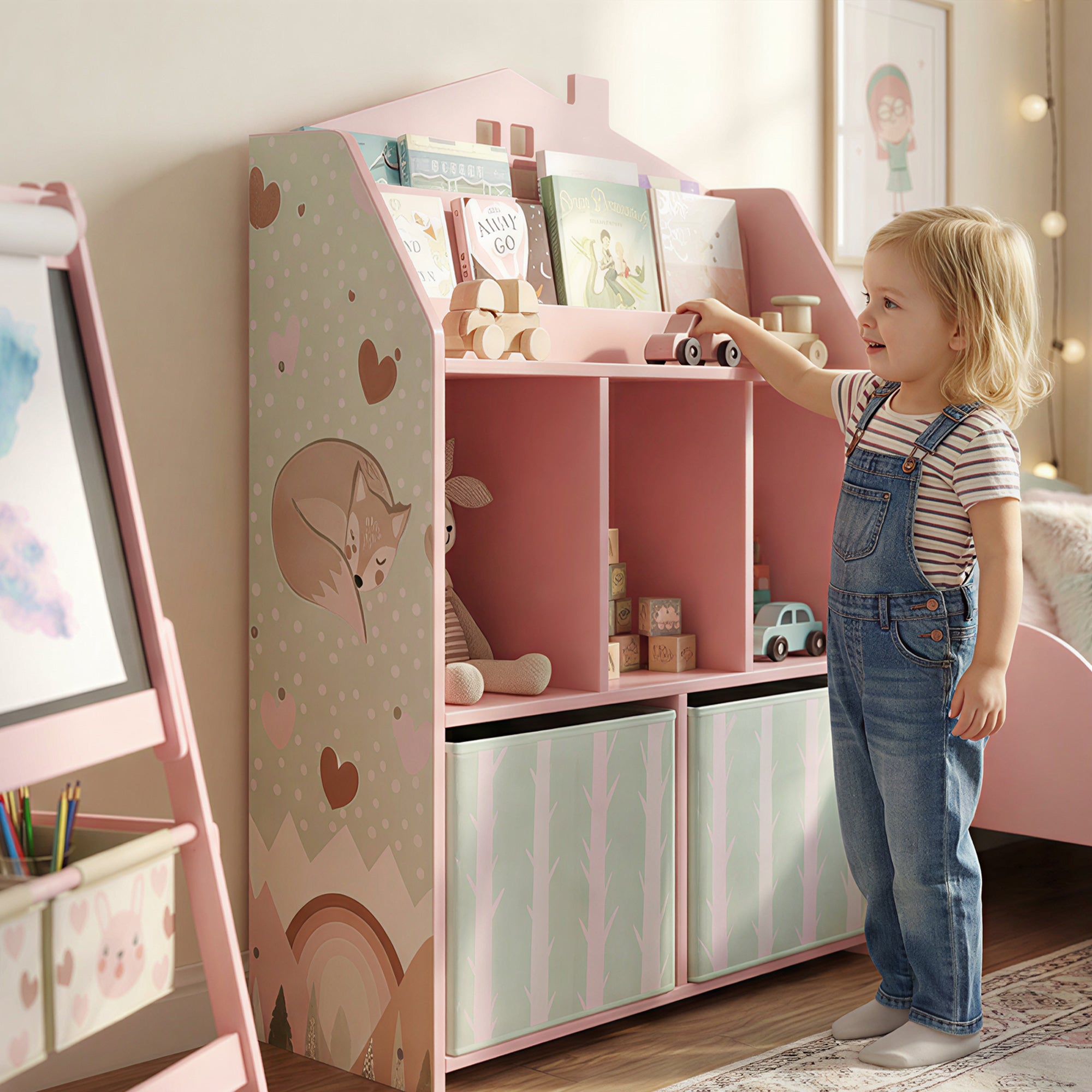 AIYAPLAY Kids Bookshelf with Storage, Toy Storage Unit with Book Display, Shelves and Fabric Drawers for Playroom Nursery, Pink 