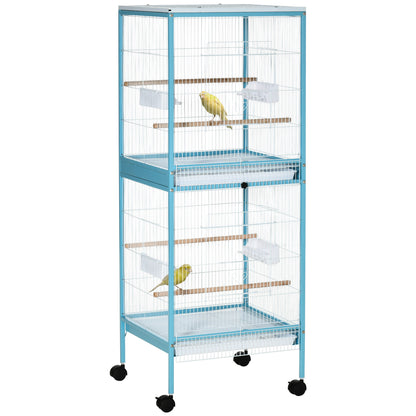 PawHut Bird Cage Budgie Cage 2 In 1 Large Aviary with Wheels Removable Trays for Finch Canaries Cockatiels Light Blue 