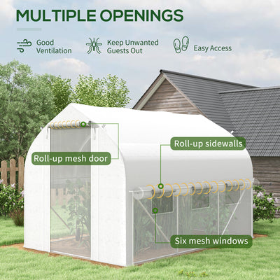 Outsunny 3 x 2(m) Walk-in Polytunnel Greenhouse, Zipped Roll Up Sidewalls, Mesh Door, 6 Mesh Windows, Tunnel Warm House Tent with PE Cover, Complimentary Plant Labels and Gloves, White 