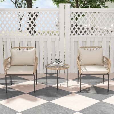 Outsunny 3 Piece Rattan Bistro Set, Wicker Garden Furniture Set with Cushions, Glass Top Coffee Table and Chairs for Outdoor, Patio, Balcony, Beige 