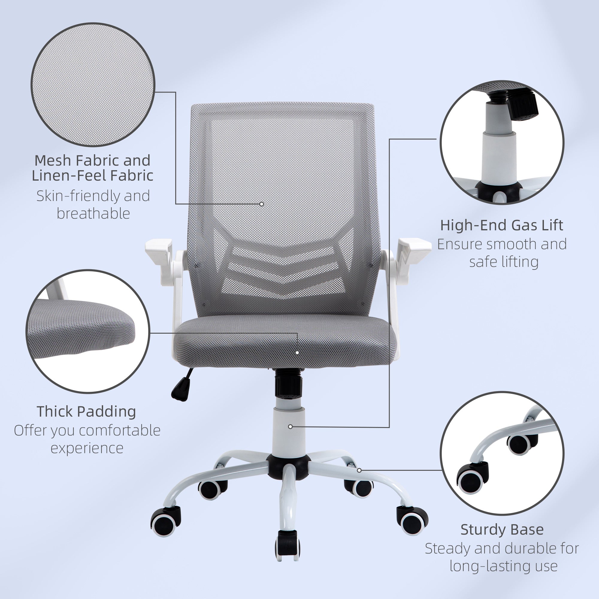 Vinsetto Home Office Chair and Computer Desk Set, Mesh Chair with with 90° Flip-up Armrest, Study Desk with Keyboard Tray and Drawer, White and Grey