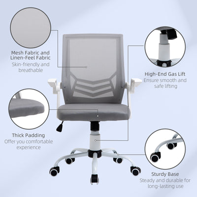 Vinsetto Home Office Chair and Computer Desk Set, Mesh Chair with with 90° Flip-up Armrest, Study Desk with Keyboard Tray and Drawer, White and Grey 