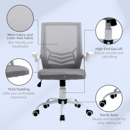 Vinsetto Home Office Chair and Computer Desk Set, Mesh Chair with with 90° Flip-up Armrest, Study Desk with Keyboard Tray and Drawer, White and Grey