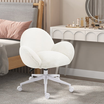 HOMCOM Makeup Vanity Chair, Cute Fluffy Desk Chair with Rolling Wheels for Bedroom Living Room, Cream White 
