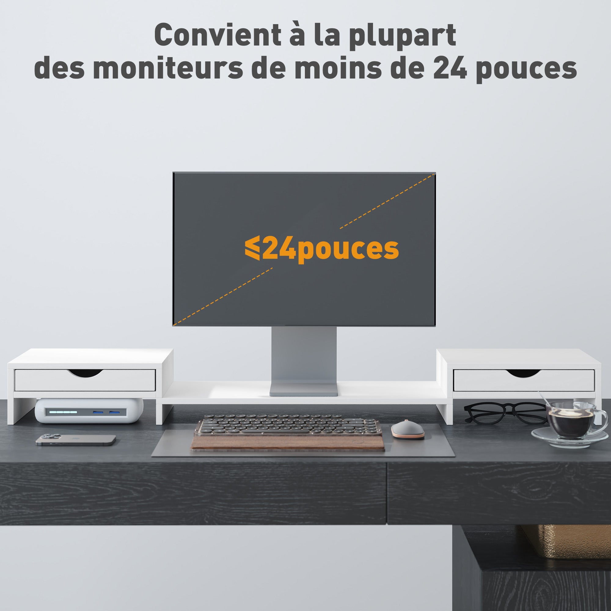 HOMCOM Dual Monitor Stand Riser with 2 Drawers, Adjustable Length and Angle, 116cm Monitor Riser for Laptop, Computer, PC, Small Printer, White 