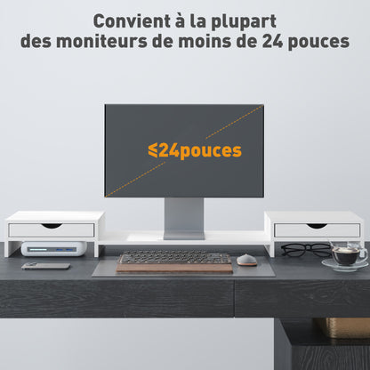 HOMCOM Dual Monitor Stand Riser with 2 Drawers, Adjustable Length and Angle, 116cm Monitor Riser for Laptop, Computer, PC, Small Printer, White 