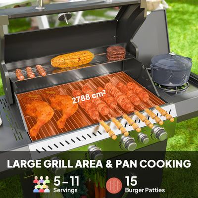 Outsunny 4+1 Burner Gas BBQ Grill with Clear View Lid, Portable Gas Barbecue Grill with Built-in Thermometer, Side Table, Cabinet, Wheels, Grease Tray for Garden Party Outdoor Cooking, Black 