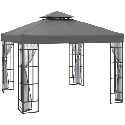 Outsunny 3 x 3(m) Patio Gazebo Canopy Garden Pavilion Tent Shelter with 2 Tier Roof and Mosquito Netting, Steel Frame, Grey 