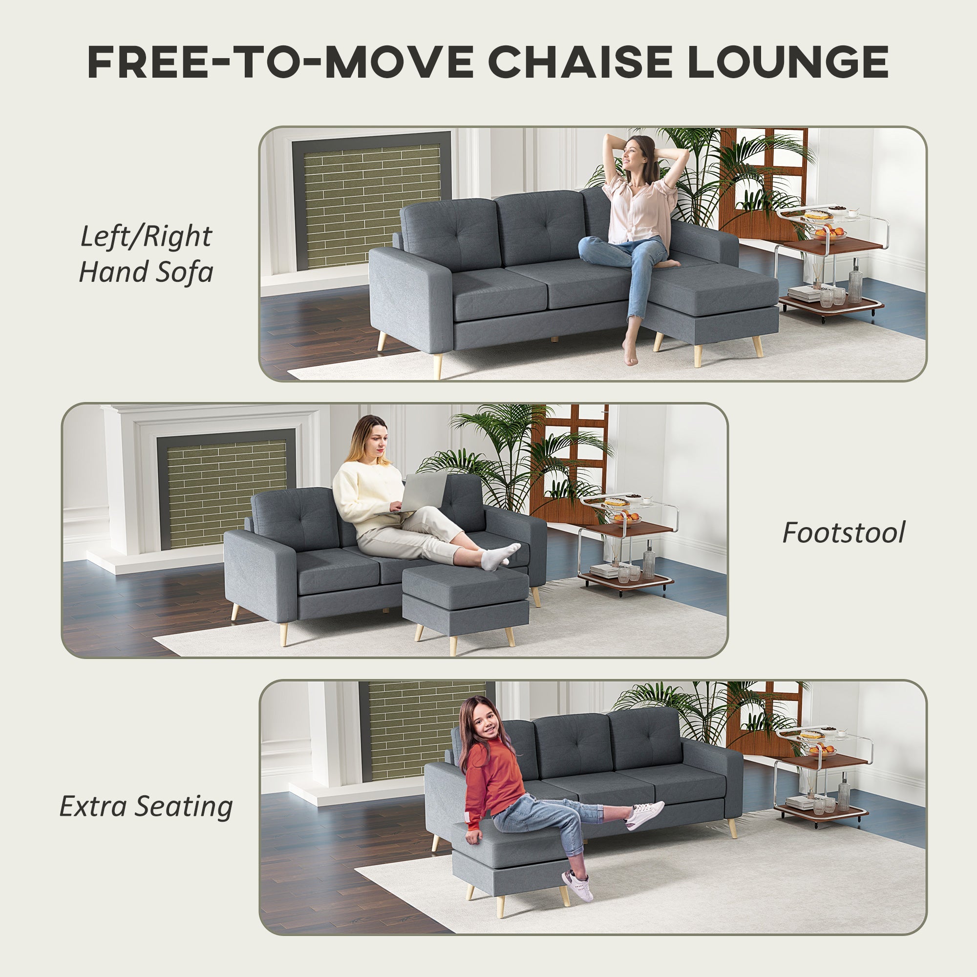 HOMCOM 3 Seater Sofa with Footstool, Fabric L-Shaped Sofa, Sectional Couch with Wood Legs, Tufting Cushioned Back for Small Space, Living Room, Office, Dark Grey 