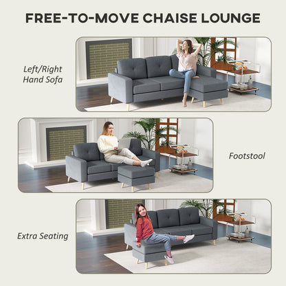 HOMCOM 3 Seater Sofa with Footstool, Fabric L-Shaped Sofa, Sectional Couch with Wood Legs, Tufting Cushioned Back for Small Space, Living Room, Office, Dark Grey 