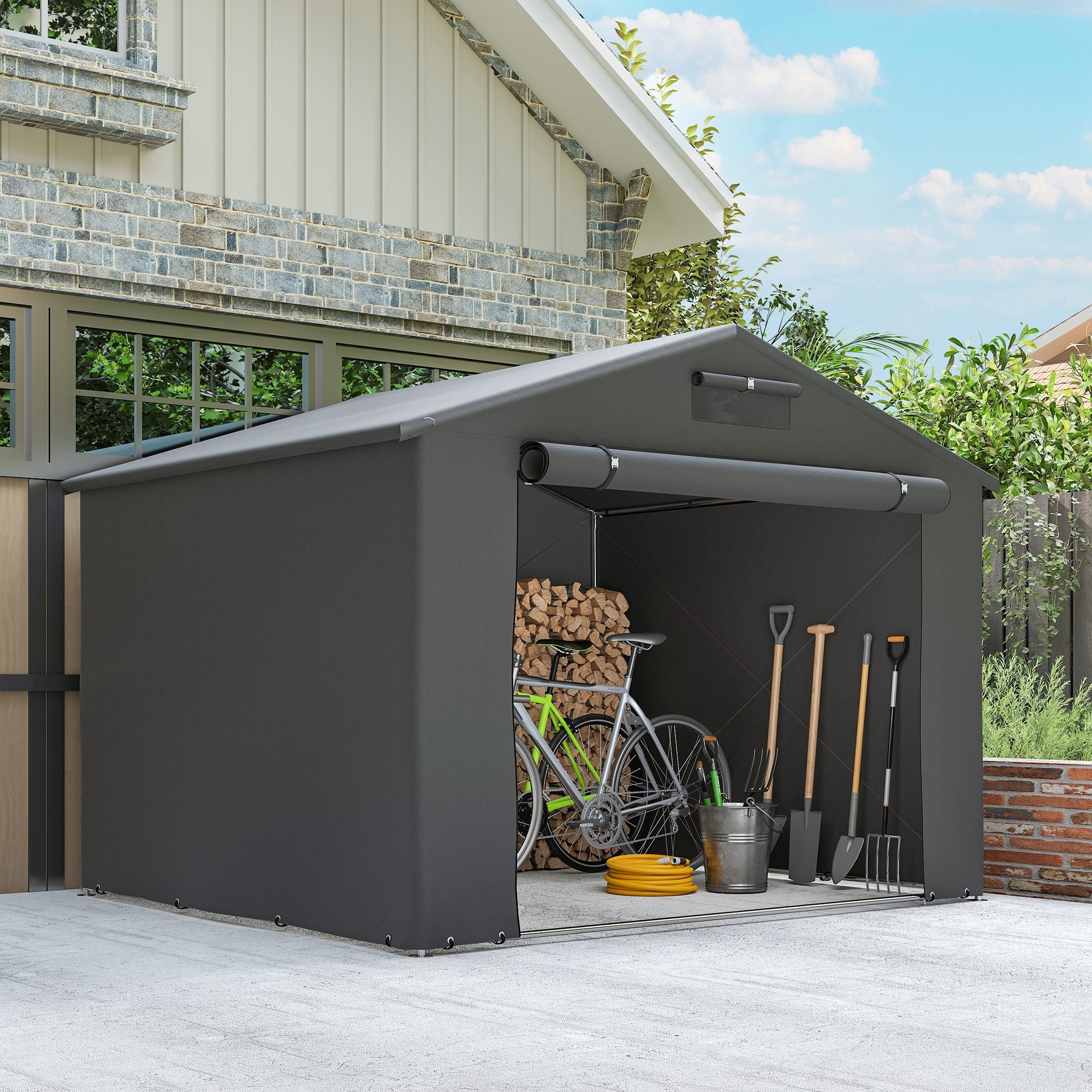 Outsunny 8 x 6 ft Outdoor Garden Storage Shed, Waterproof Bike Tent with Roll-Up Zipper Door, Dark Grey 