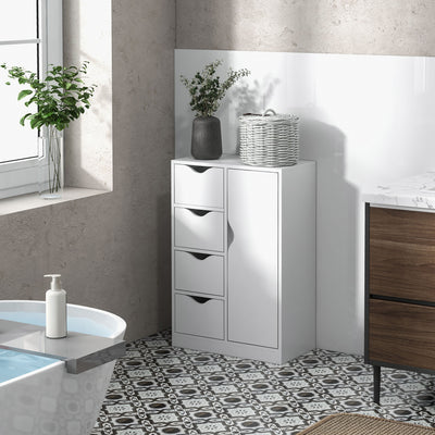 HOMCOM Bathroom Cabinet, Freestanding Storage Cabinet with 4 Drawers, Door Cupboard for Living Room, Kitchen, Bedroom, White 