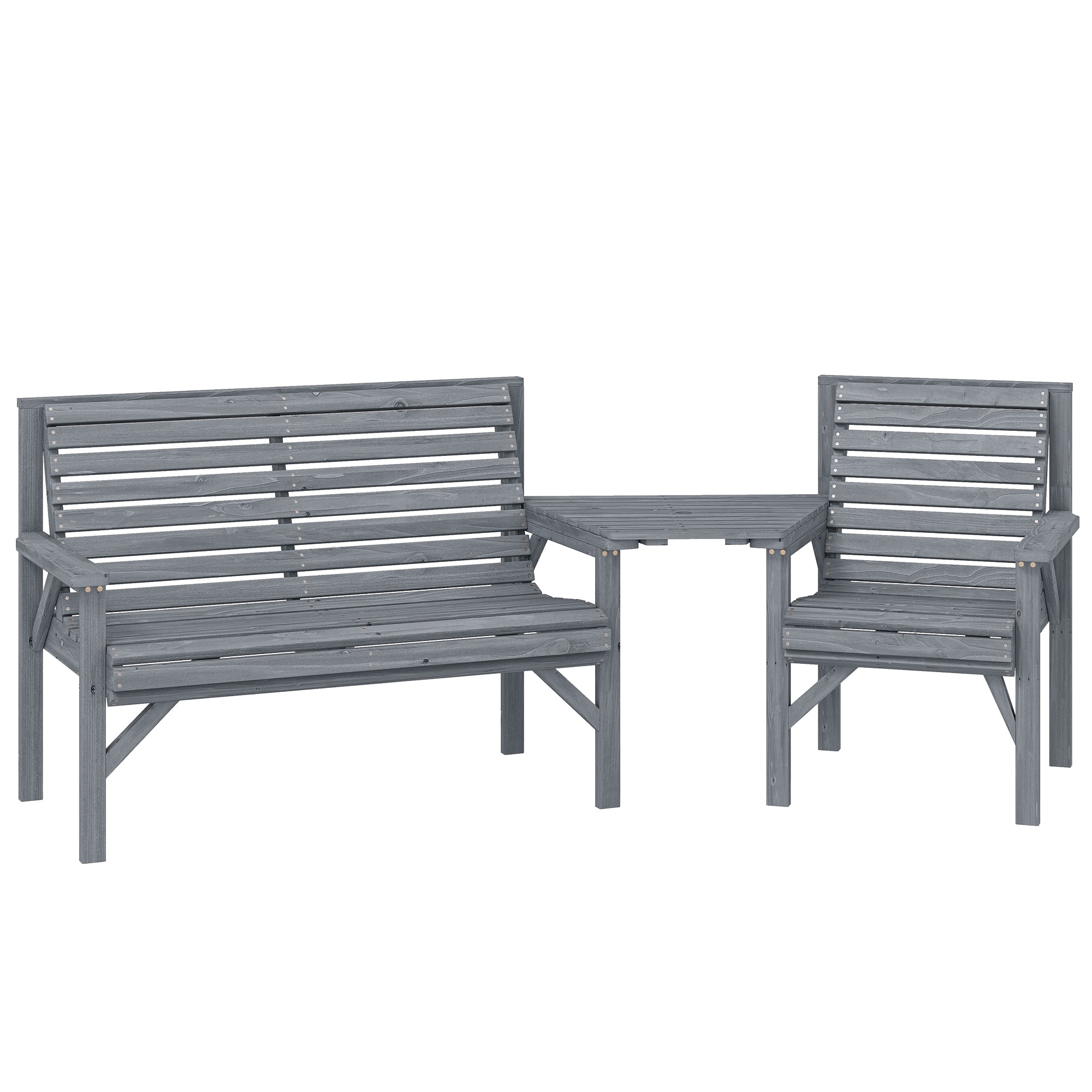 Outsunny Wooden Garden Furniture Set with Parasol Hole, 1 Chair, 1 Bench and Detachable Table, Grey Embossed Finish 