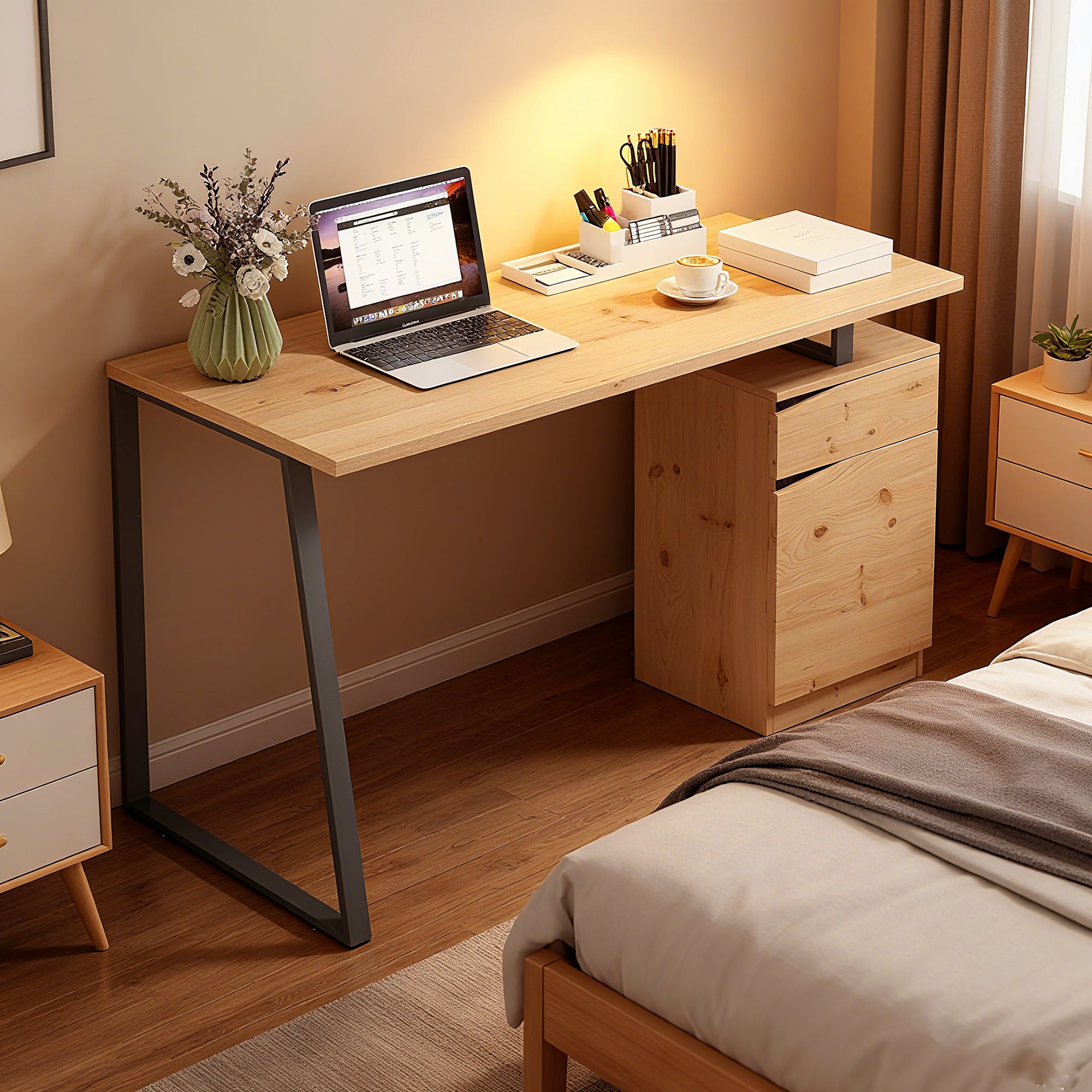 HOMCOM Computer Desk, Writing Desk with Cabinet, Drawer, Metal Legs, Work Table for Home Office Study, Natural Wood Finish 