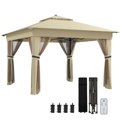 Outsunny 3 x 3(m) Pop Up Gazebo Party Tent with Solar-Powered LED Lights, Adjustable Event Shelter with Netting, Khaki 