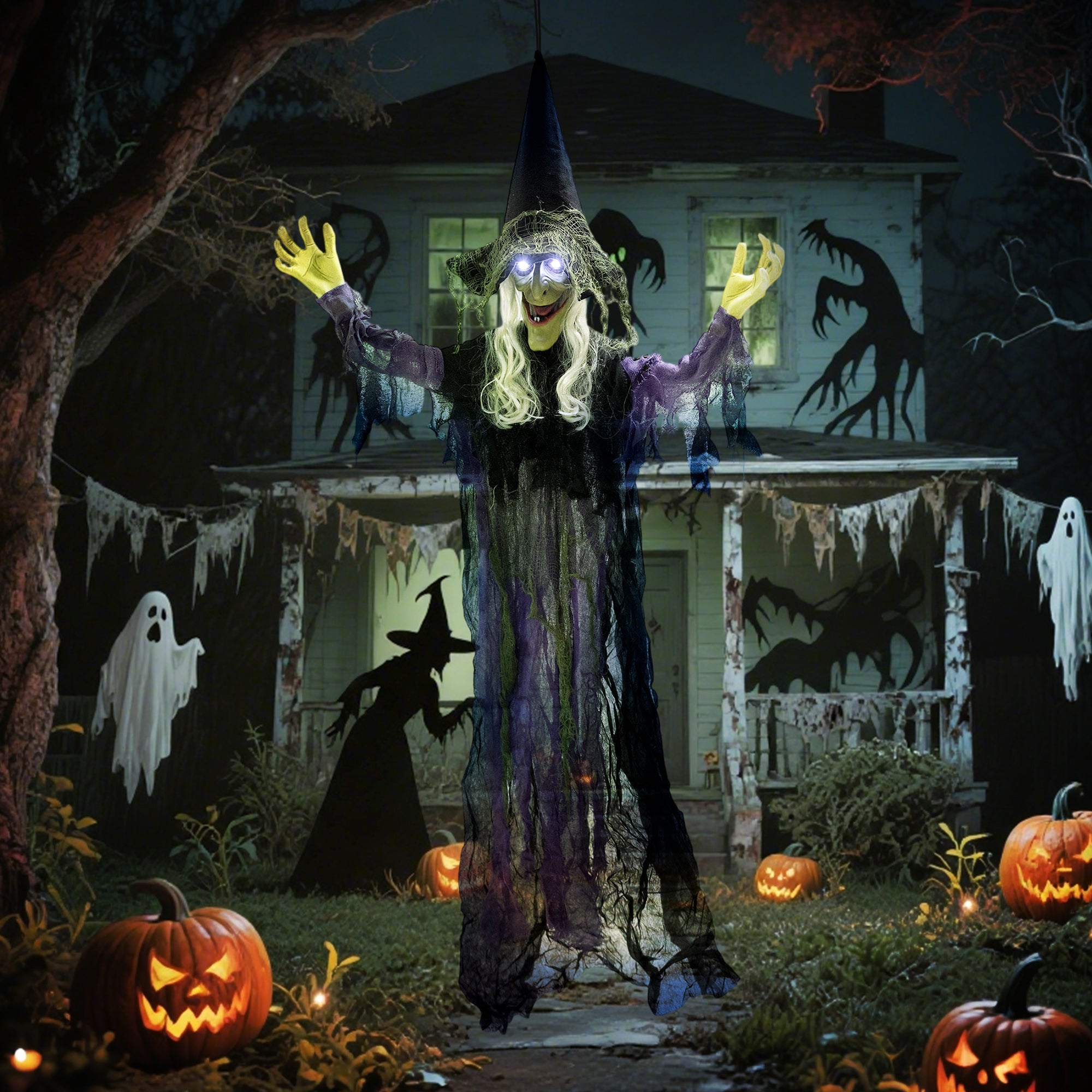 Outsunny 183 cm Life Size Halloween Animated Hanging Witch with Glowing LED Eyes, Spooky Witch Scary Halloween Decorations, Battery Operated, Indoor Party Props