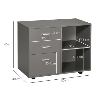 HOMCOM Freestanding Printer Stand Unit Office Desk Side Mobile Storage w/ Wheels 3 Drawers, 2 Open Shelves Modern Style 80L x 40W x 65H cm - Grey 