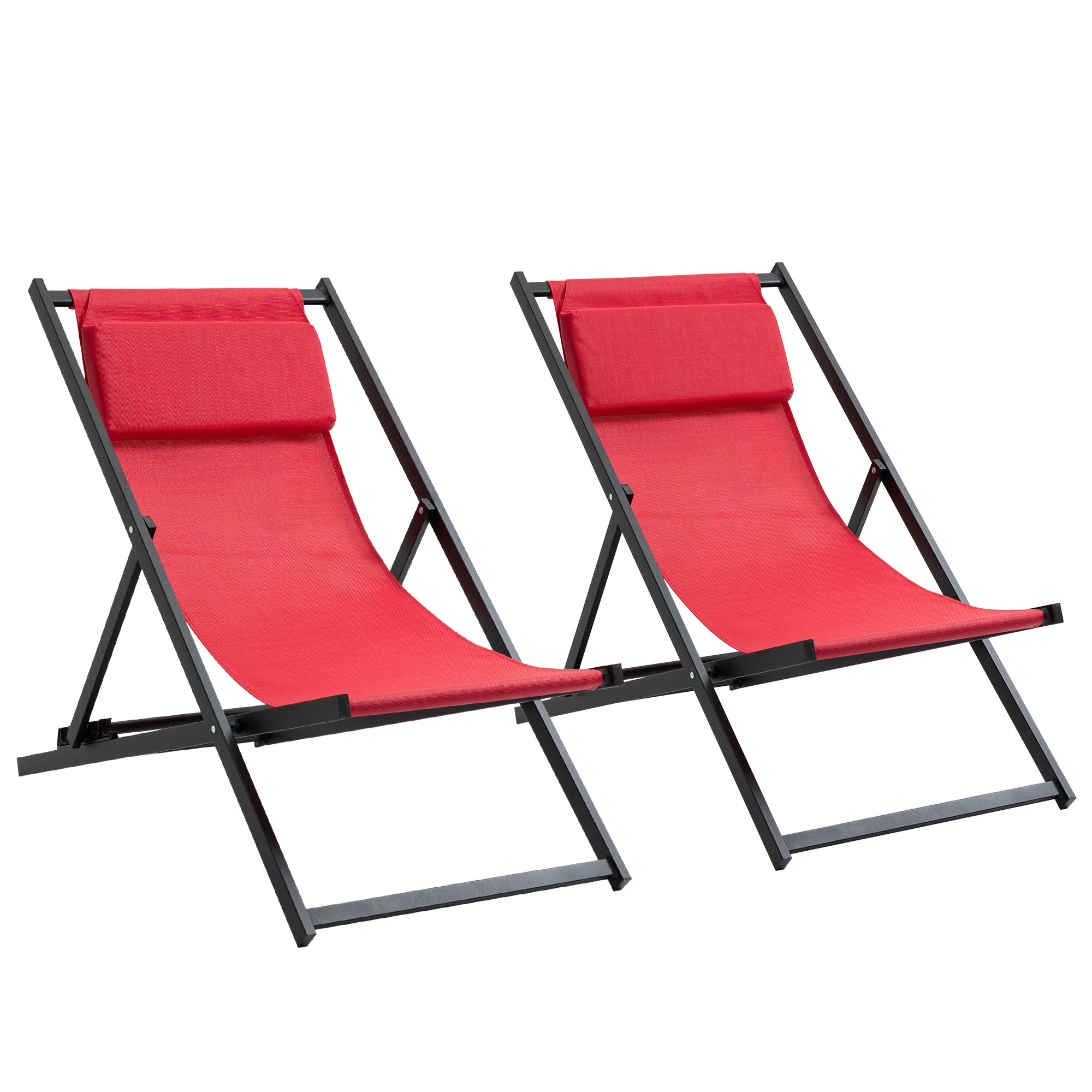Outsunny Set of 2 Folding Garden Beach Aluminium Frame Deck Chairs Deckchairs Seaside Folding Garden Patio Lounger, Red 